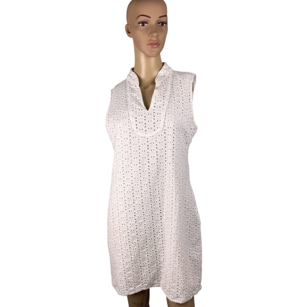 Cynthia Rowley Dress Womens 10 White Eyelet Sleeveless Shift V-Neck Lined Cotton
